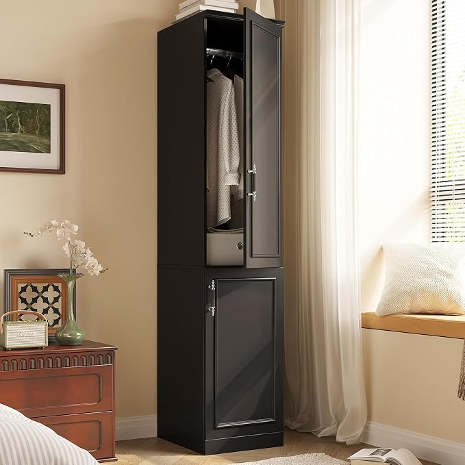 MEISSALIVVE Armoire Wardrobe Closet with 2 Door & Shelves, 74.8" Large Wardrobe Cabinet with Hanging Rod, Freestanding Modern Bedroom Armoire Storage Cabinet, Black