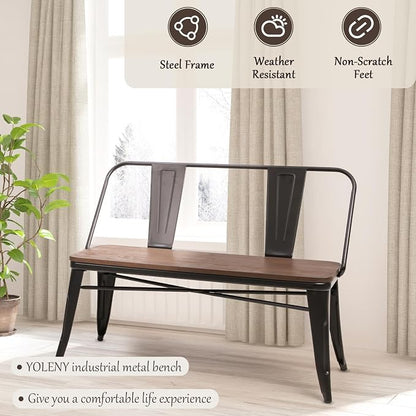 YOLENY Dining Bench, Entryway Bench with Back, Farmhouse Metal Dining Bench, Industrial Mid-Century 3 Person Rustic Spindle Bench, with Wood Seat, Removable Backrest, 42in, Black