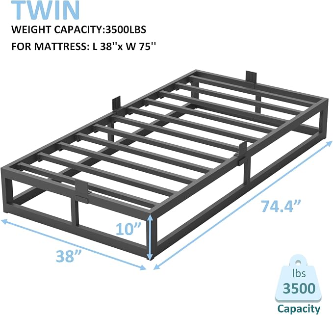 Bilily 10 Inch Twin Bed Frame with Steel Slat Support,Low Profile Twin Metal Platform Bed Frame Support Mattress Foundation,Heavy Duty,No Box Spring Needed,Easy Assembly,Noise Free