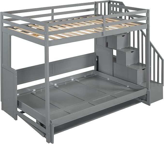 Merax Modern Farmhouse Solid Wood Loft Bed with Murphy Bed Cabinet w/Hydraulic Lift Full Over Full, Wall Bunk Bed with Storage Staircase, Shleves & Desk/Space Saving/Wood Slat Support/Gray
