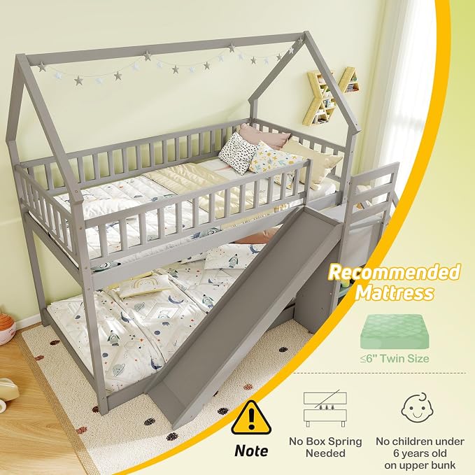 Giantex House Bunk Bed Twin Over Twin with Slide & Stairs, Wood Bunk Bed with Storage Shelves, No Box Spring Needed, Twin Floor Bed for Kids Teens Boys Girls (Grey)