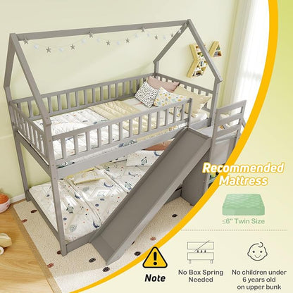 Giantex House Bunk Bed Twin Over Twin with Slide & Stairs, Wood Bunk Bed with Storage Shelves, No Box Spring Needed, Twin Floor Bed for Kids Teens Boys Girls (Grey)