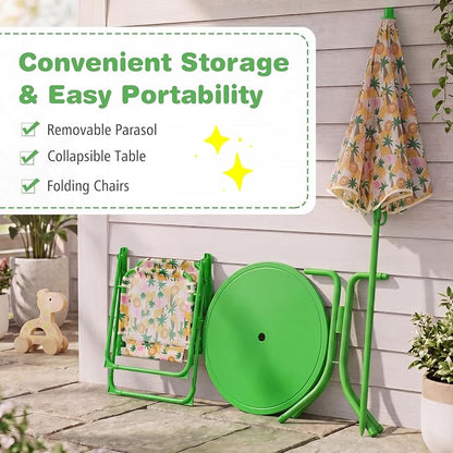 Costzon Kids Picnic Table, Kids Outdoor Table with 2 Folding Chairs, Height Adjustable Umbrella, Portable Children Outdoor Furniture for Patio, Garden, Backyard (Green Forest)