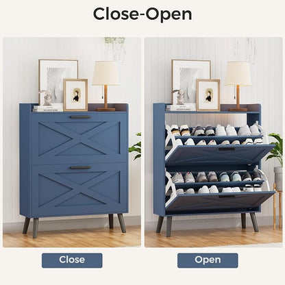 Homleke Farmhouse Shoe Storage Cabinet with Flip Drawers & Barn Door Design | Slim Narrow Shoe Rack Cabinet with Adjustable Shelves & Hidden Storage for Entryway, Foyer, Hallway, Living Room, Blue