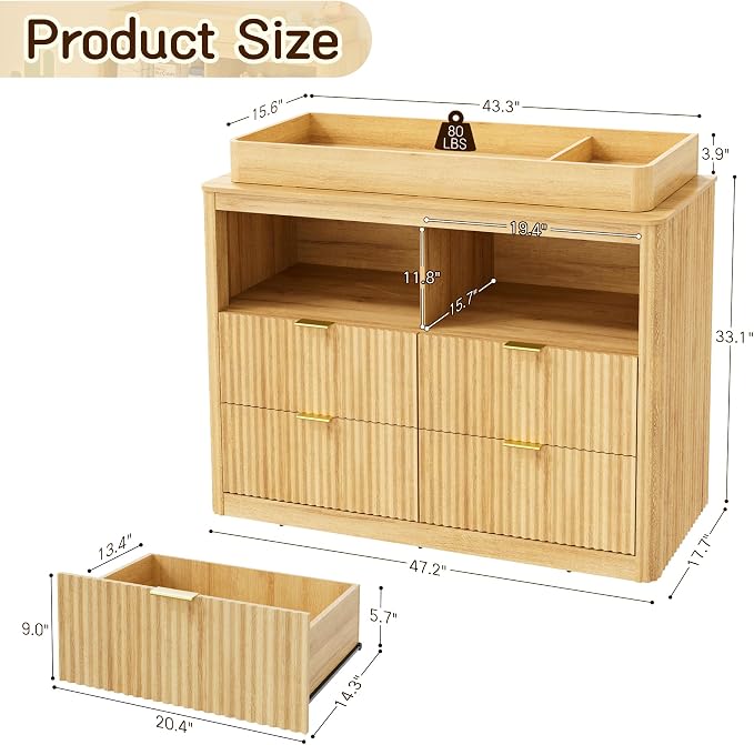 St.Mandyu Changing Dresser, 4 Large Drawers Wood Baby Nursery Dresser with Raised and Detachable Changing Table Top, Fluted Chest with Gold Handles, Large Storage Organizer for Nursery Room,Natural
