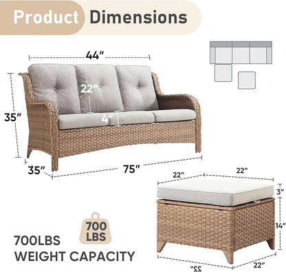 Outdoor Patio Furniture - 3 Seater Outdoor Rattan Wicker Sofa Patio Couch with Ottoman for Porch Deck Garden Backyard - Yellow/Beige