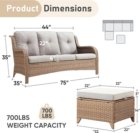 Outdoor Patio Furniture - 3 Seater Outdoor Rattan Wicker Sofa Patio Couch with Ottoman for Porch Deck Garden Backyard - Yellow/Beige