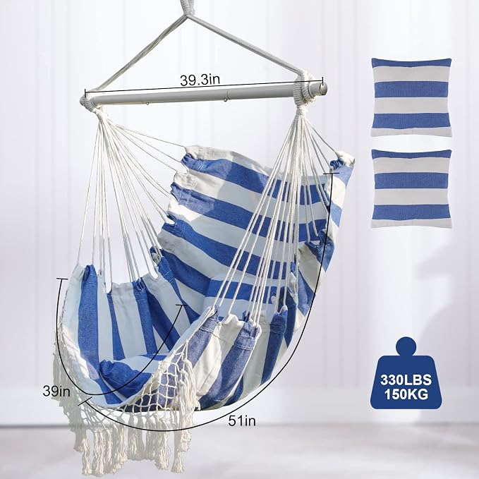 YAERSI Hammock Chair, Hanging Rope Swing Seat with 2 Cushions,Macrame Hanging Chair Side Pocket with High Load-Bearing Metal Rod,for Indoor, Outdoor, Extra Comfortable