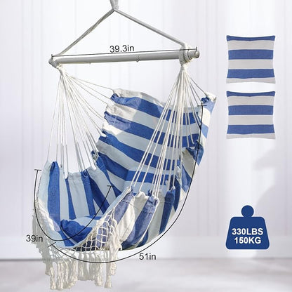 YAERSI Hammock Chair, Hanging Rope Swing Seat with 2 Cushions,Macrame Hanging Chair Side Pocket with High Load-Bearing Metal Rod,for Indoor, Outdoor, Extra Comfortable