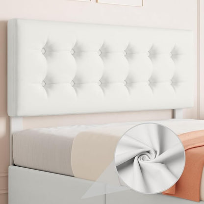 IDEALHOUSE Full Size Bed Frame with 4 Storage Drawers and Headboard, Faux Leather Upholstered Platform Bed Frame with Wooden Slats Support, Button Tufted Design, No Box Spring Needed, Beige