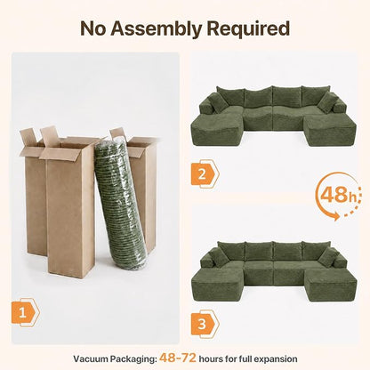 Claiks 132" Boneless Couch, Cloud Couch Sectional, U-Shape Corduroy Modular Sectional Sofa Deep Seat, Upholstered Couches for Living Room, No Assembly Required, Green