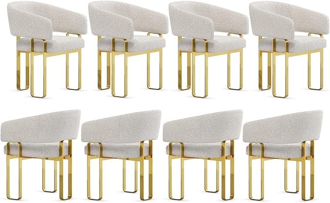 Dining Chair with Arms, Luxury Off White Boucle Barrel Dining Room Chair with Mirrored Gold U-Shaped Legs for Kitchen, Bedroom, Makeup Room, Set of 8