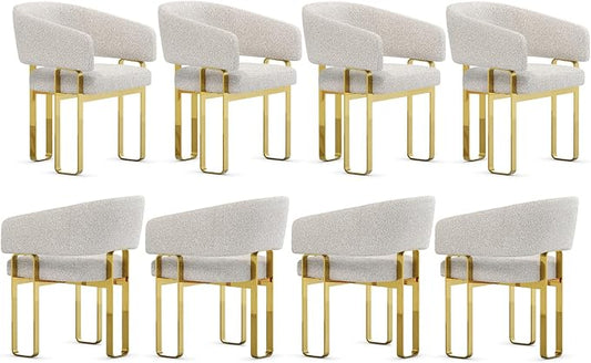 Dining Chair with Arms, Luxury Off White Boucle Barrel Dining Room Chair with Mirrored Gold U-Shaped Legs for Kitchen, Bedroom, Makeup Room, Set of 8