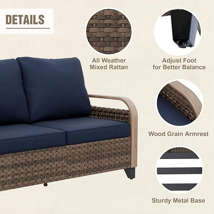 Modern Wicker Patio Sofa, Rattan Outdoor Couch for Small Balcony, 3 Seat Couch Furniture Set for Garden Deck Backyard, Brown/Blue