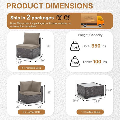 MOCHITO 5 Pieces Outdoor Patio Furniture Sets, All-Weather Sectional Sofa Dark Brown PE Rattan Wicker Conversation Set with Glass Table and Washable Khaki Cushions for Backyard,Sunroom,Garden,Porch