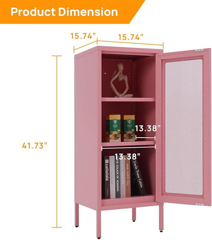 Slim Metal Storage Cabinet with Mesh Doors - 42'' Tall Narrow Organizer Tower, Compact Freestanding Cabinet, Versatile Utility Storage for Home, Office, Kitchen, Living Room, Durable and Modern Design
