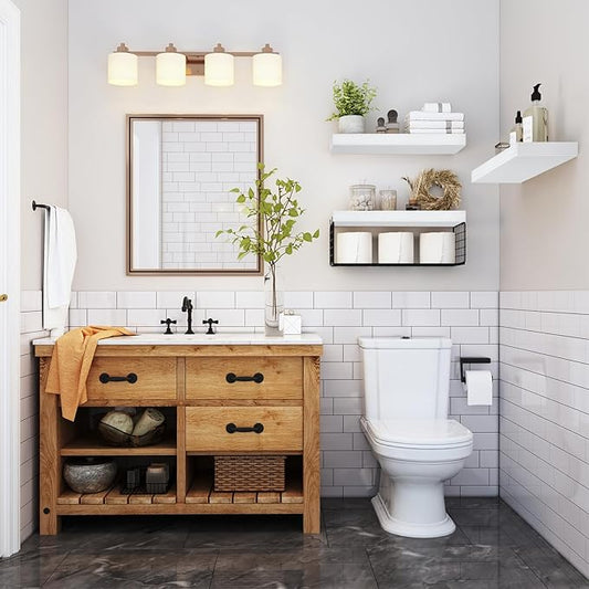 QEEIG Bathroom Shelves Over Toilet - Wall Mounted Floating Shelves Toilet Paper Storage Small Farmhouse Decor Shelf 16 inch Set of 3, White and Black (019-WB3)
