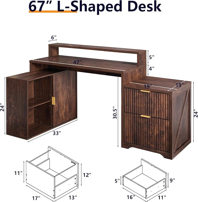 67" Modern Desk with Storage Cabinet & 2 Drawers, Built‑in Outlet | L Shaped Desk with Storage, Wood Home Office Desk, storage cabinet with sliding doors, Dark Walnut