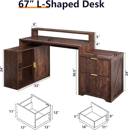 67" Modern Desk with Storage Cabinet & 2 Drawers, Built‑in Outlet | L Shaped Desk with Storage, Wood Home Office Desk, storage cabinet with sliding doors, Dark Walnut
