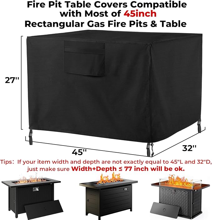 Fire Pit Cover with Air Vents and Handles, Rectangular 45 inch(45" Lx32 Wx27 H) Fire pits Table Covers Build-in Buckle Straps and Adjustable Drawstring, Heavy-Duty and Weather-Resistant Oxford Fabric