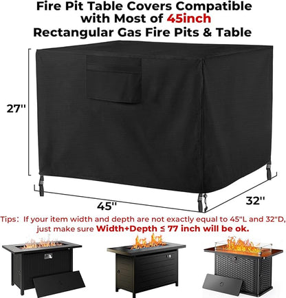 Fire Pit Cover with Air Vents and Handles, Rectangular 45 inch(45" Lx32 Wx27 H) Fire pits Table Covers Build-in Buckle Straps and Adjustable Drawstring, Heavy-Duty and Weather-Resistant Oxford Fabric