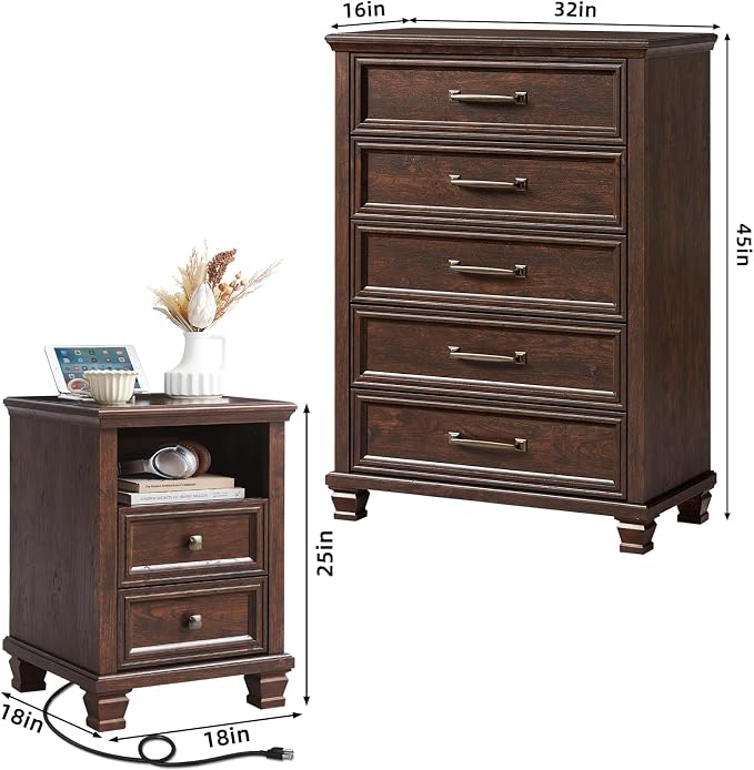 SAVOR LIFE Farmhouse Dresser and Nightstand Sets 2 Piece, 5 Drawer Dresser & 2 Drawer Nightstand Set, Rustic Wood Bedroom Furniture Set for Home, Bedroom, Hallway, Walnut
