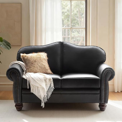 60" Wide Genuine Leather Chesterfield Loveseat, 2 Seat Leather Sofa with Rolled Arms, Nailhead Trim for Living Room Furniture, Easy Assembly – Black