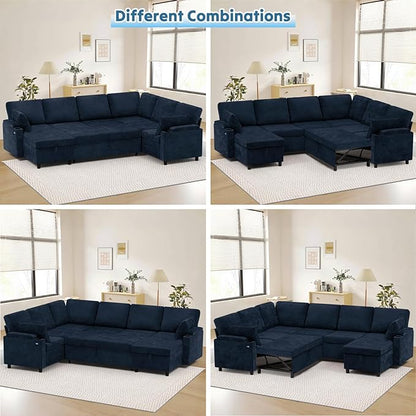 110" Chenille Sectional Sofa w/Pull Out Bed & Storage Chaise, Blue | Reversible U Shape Sofa w/Storage Armrests & Cup Holders, Corner Couch w/USB Charging Port & Throw Pillows for Living Room