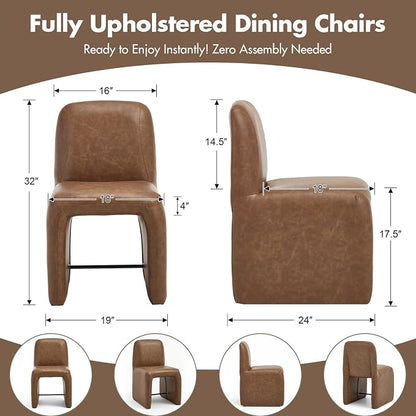 Hyfirm Mid-Century Modern Brown Faux Leather Desk Chair No Assembly Required | Fully Upholstered Armless Accent Chair with Metal Footrest, Comfy Side Chairs for Kitchen, Livingroom, Home Office, Study