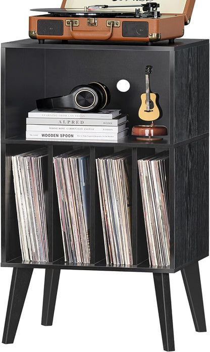 Lerliuo Record Player Stand, Black Turntable Stand Holds up to 160 Albums, Mid-Century Vinyl Storage Cabinet Table with Solid Wood Legs, Record Player Holder Dispaly Shelf for Bedroom Living Room