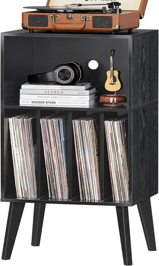 Lerliuo Record Player Stand, Black Turntable Stand Holds up to 160 Albums, Mid-Century Vinyl Storage Cabinet Table with Solid Wood Legs, Record Player Holder Dispaly Shelf for Bedroom Living Room