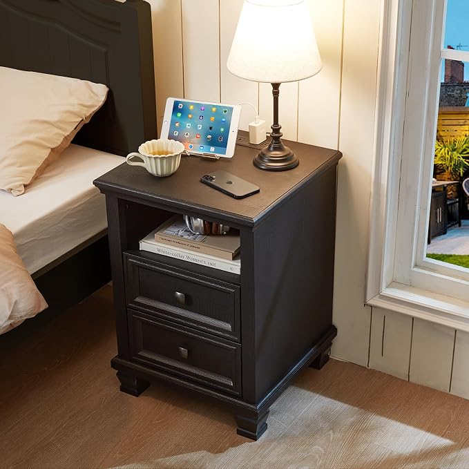 SAVOR LIFE Farmhouse Side Table with Charging Station, Rustic Black Nightstand with Drawers, Bedside Table with Open Shelf for Bedroom, Black