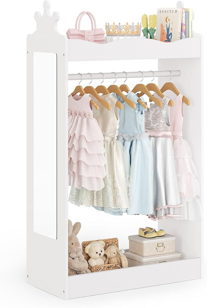 Curipeer Kids Dress Up Storage with Full-Length Mirror, Princess Closet for Little Girls, Kids Dress Up Rack with Crown Top, 42" Open Hanging Armoire Wardrobe for Bedroom, Playroom, Nursery, White