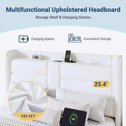 Allewie Queen Size Platform Bed Frame with Charging Station & Storage Headboard, Upholstered Velvet Wingback Design & USB Port, Strong Wooden Slats Support, No Box Spring Needed, Easy Assembly, White