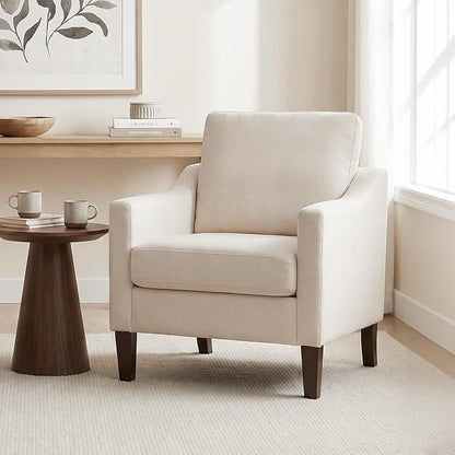 VKNOW Mid-Century Accent Chair, No Tools Assembly Required, Modern Upholstered Polyester Armchair for Living Room,Comfy Reading Accent Chairs with Wood Legs for Bedroom, Beige