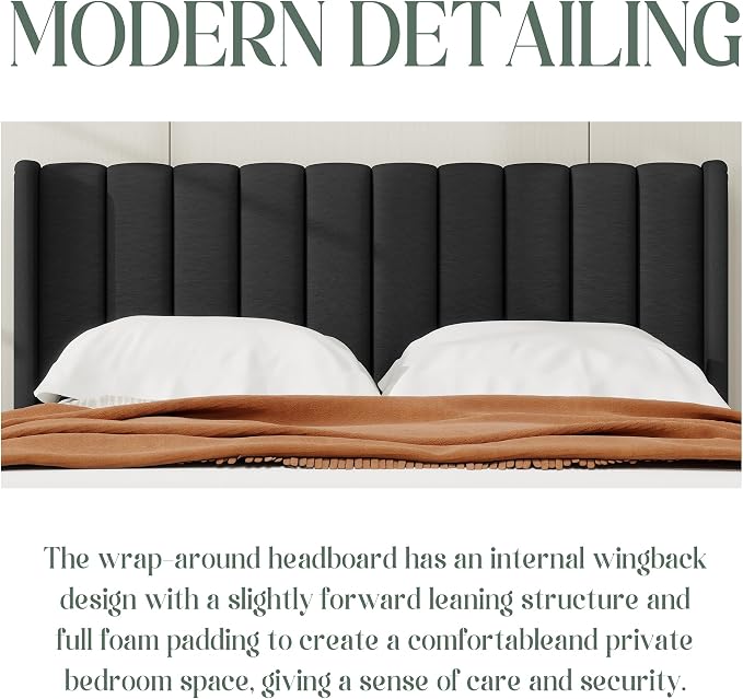 alazyhome Platform Bed Frame Full Size with Upholstered Headboard, Solid Wood Slats Support, No Box Spring Needed, Noise Free, Easy Assembly, Modern Fabric Bed, Black