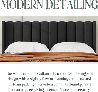 alazyhome Platform Bed Frame Queen Size with Upholstered Headboard, Solid Wood Slats Support, No Box Spring Needed, Noise Free, Easy Assembly, Modern Fabric Bed, Black