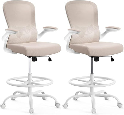 ErGear Drafting Chair,Tall Office Chair with Flip-Up Armrests, High Desk Chair Adjustable Height and Adjustable Footrest Ring, Ergonomic Standing Desk Chair with Lumbar Support, Khaki,2 Pack