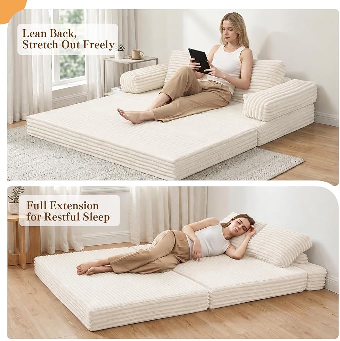 MeMoreCool Convertible Sofa Bed, Folding Floor Couch Bed Queen, Pull Out Sleeper Couch with Pillows, Fold Out Futon Sofa for Bedroom Living Room Small Space, Corduroy Beige