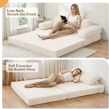 MeMoreCool Convertible Sofa Bed, Folding Floor Couch Bed Queen, Pull Out Sleeper Couch with Pillows, Fold Out Futon Sofa for Bedroom Living Room Small Space, Corduroy Beige