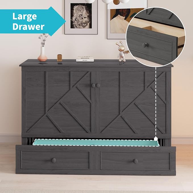 CECER Slate Grey Murphy Bed Cabinet with Mattress, Space-Saving Folding Bed