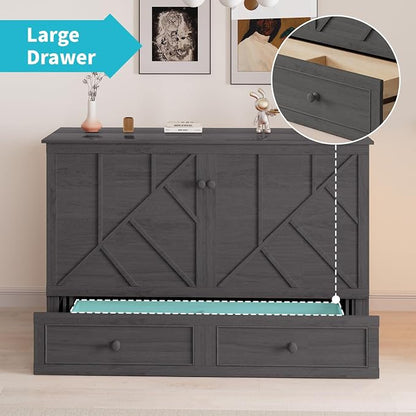 CECER Slate Grey Murphy Bed Cabinet with Mattress, Space-Saving Folding Bed