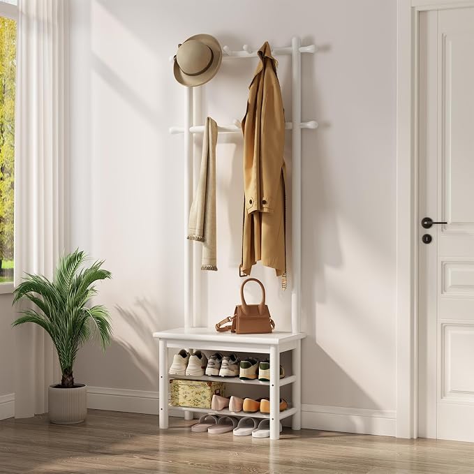 AQIMUELE Coat Rack with Shoe Storage, Narrow Wooden Hall Tree with Bench, 11 Hooks and 2-Tier Storage Shelves, 3-in-1, Entryway Bench with Coat Rack (23.6"-Deep White)
