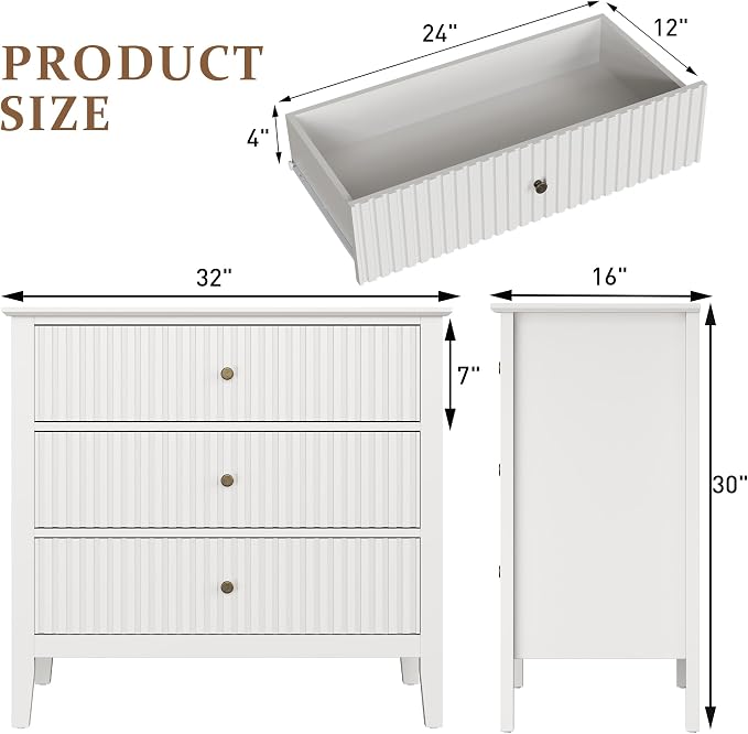 RoyalCraft 32" Large Nightstand Set of 2, Fluted Painted Bedside Table with 3 Spacious Drawers, Modern Tall End Table for Bedroom, White