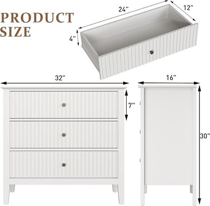 RoyalCraft 32" Large Nightstand Set of 2, Fluted Painted Bedside Table with 3 Spacious Drawers, Modern Tall End Table for Bedroom, White