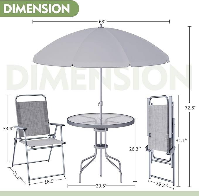 Shintenchi 6 Piece Outdoor Patio Furniture Set, Small Outdoor Patio Dining Table and Chairs Set, Outdoor Seating with Umbrella for Backyard, Balcony, Front Porch, Ice Silver