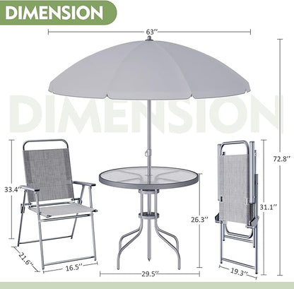 Shintenchi 6 Piece Outdoor Patio Furniture Set, Small Outdoor Patio Dining Table and Chairs Set, Outdoor Seating with Umbrella for Backyard, Balcony, Front Porch, Ice Silver