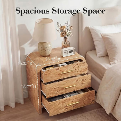 Night Stand Set of 2 [Unique Curved Profile] [FSC-Certified Wooden Board] 3-Drawer Nightstand 26.7" H Metal Handle Modern Sturdy Bedside Table Side Table End Table