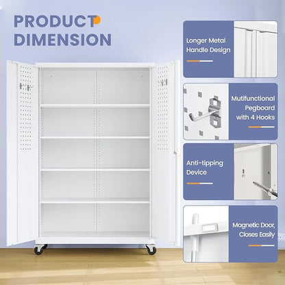 Metal Garage Storage Cabinet with Locking Doors and Adjustable Shelves, Wide & Deep Storage Cabinet on Wheels, 71" Rolling Tool Cabinet for Garage, Basement, Home Office