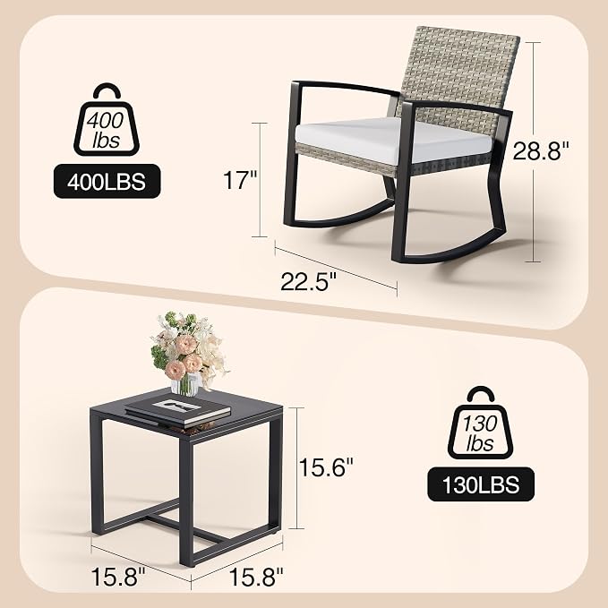 Qsun 3 Pieces Outdoor Patio Furniture Set Rocking Bistro Set, Outdoor Patio Furniture Set with Coffee Table for Garden Balcony Backyard Poolside (Light Grey Cushion)